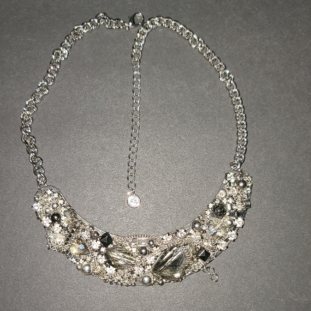 Silver-Toned Crystal Cluster Statement Necklace